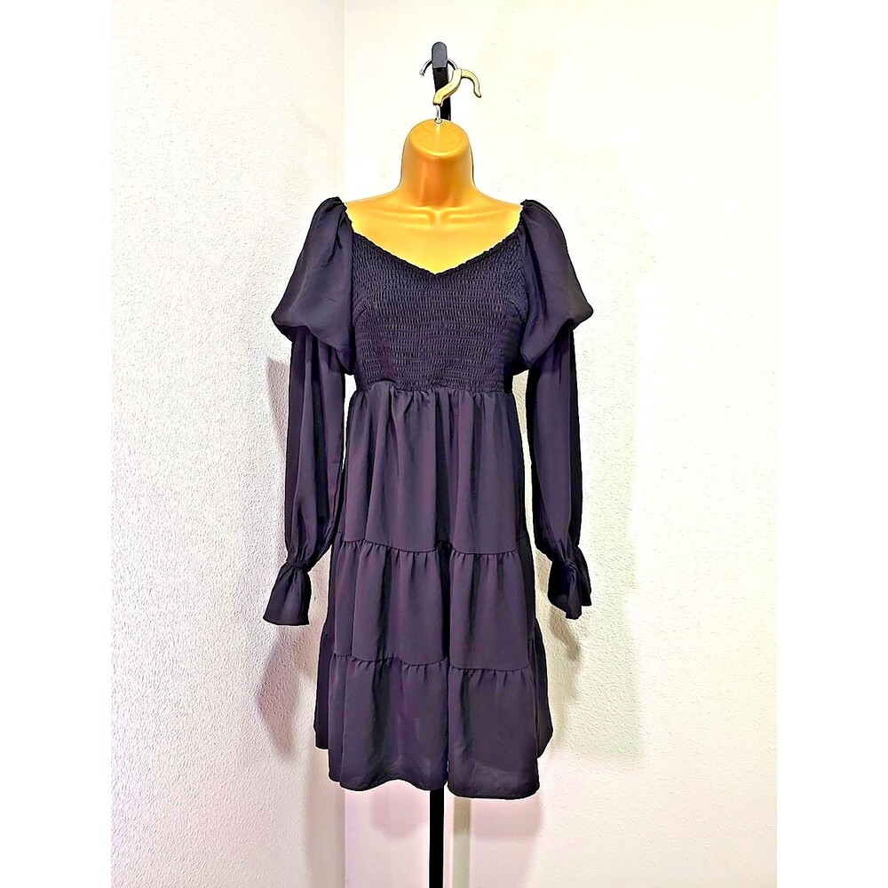 Black Milkmaid Tiered Dress Small Stretch Smocked Fairy Goth Ruffle Long Sleeve